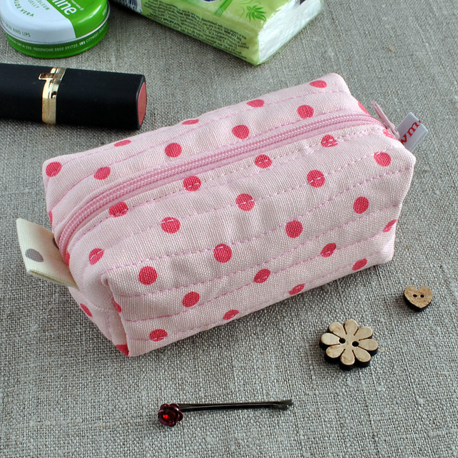 Small Box Pouch in Pink Polka Dots - Make-Up Case, Sewing Kit