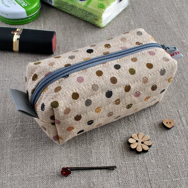 Small Box Pouch in Brown Polka Dots on Linen - Make-Up Pouch, Sewing Kit