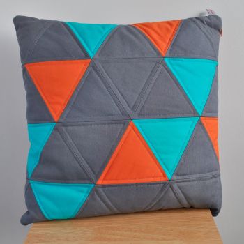 Funky Triangles Cushion in Blue, Orange & Grey