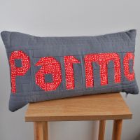 Teesside Collection: Parmo Cushion in Grey, Red & White