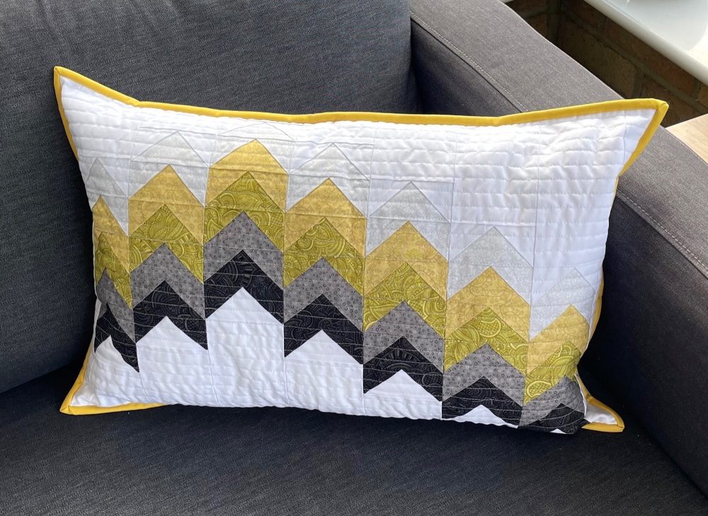 Falling Peaks Cushion Kit in Grey and Yellow - machine sewing using FPP