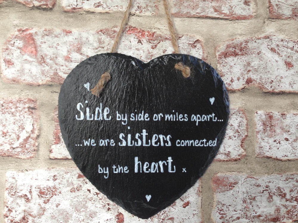 Sisters Connected By Heart - Personalised Slate Heart Plaque