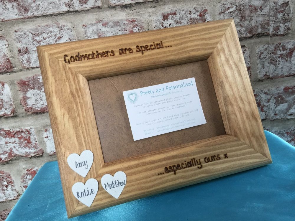 Godmother Godfather Auntie Uncle Personalised Photo Frame with white Hearts Wooden