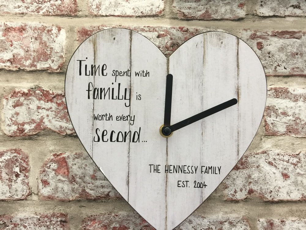 Family personalised white heart shaped clock