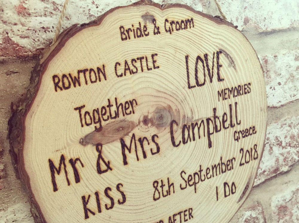 Engraved log plaque personalised wedding words