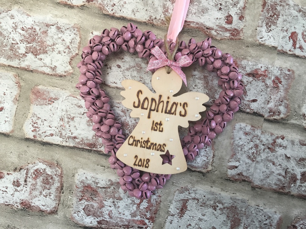 Pink heart bells personalised wooden angel Christmas decoration