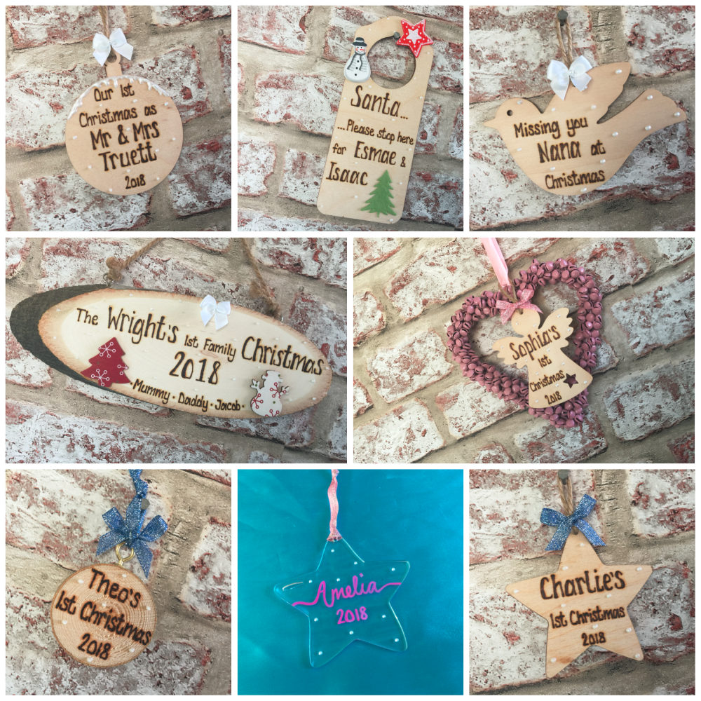 Personalised wooden and acrylic Christmas decorations