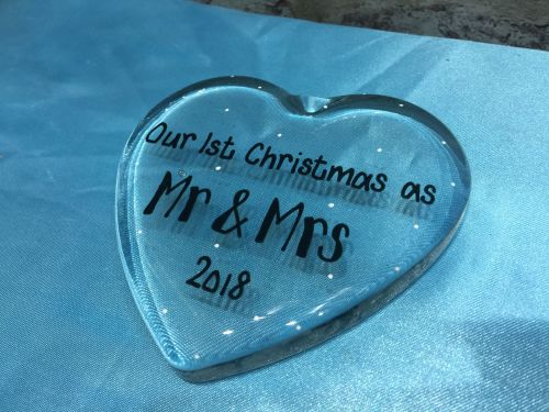 Personalised glass heart 'Our first Christmas as Mr & Mrs'.