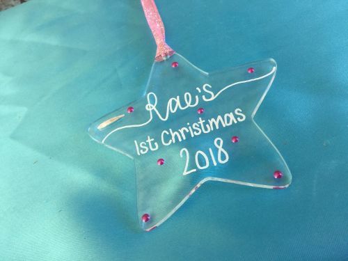 Personalised acrylic star Christmas tree decoration for baby's first Christmas