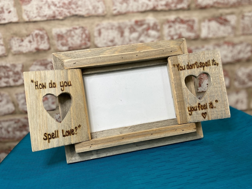'How Do You Spell Love' - Personalised Driftwood Heart Shutter Photo Frame