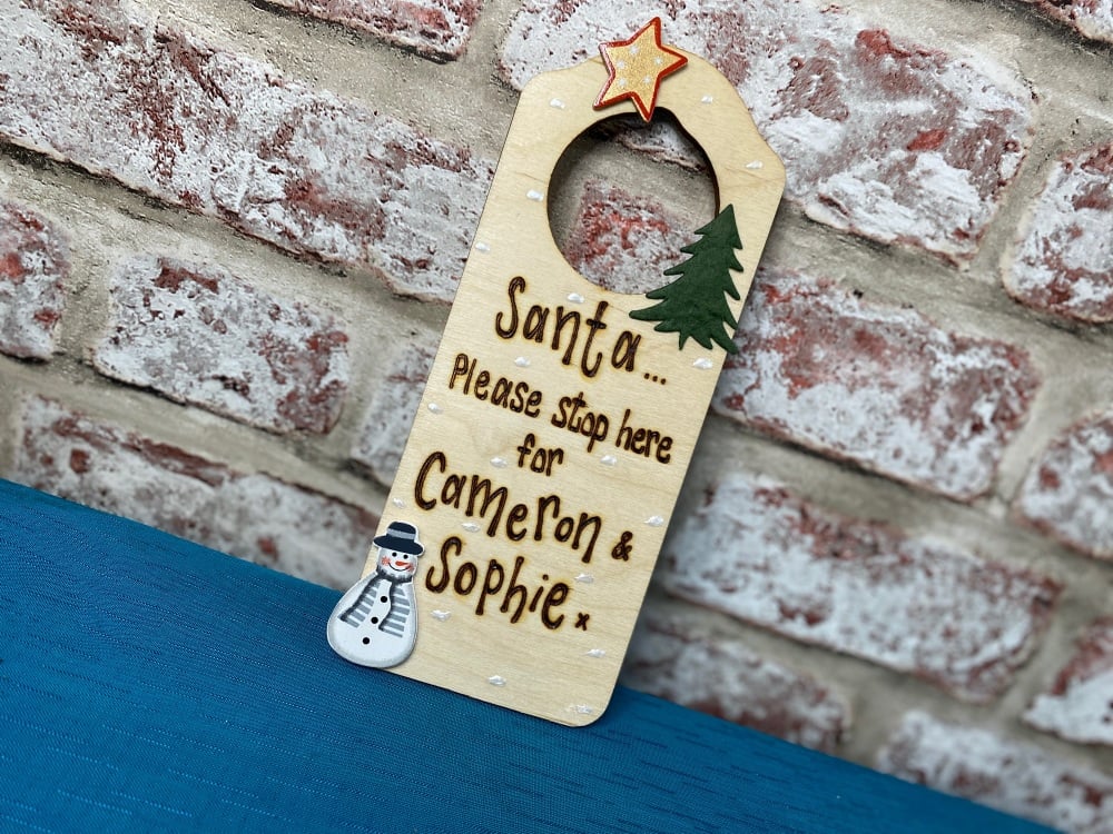 Hand engraved personalised wooden Christmas door hanger sign 
