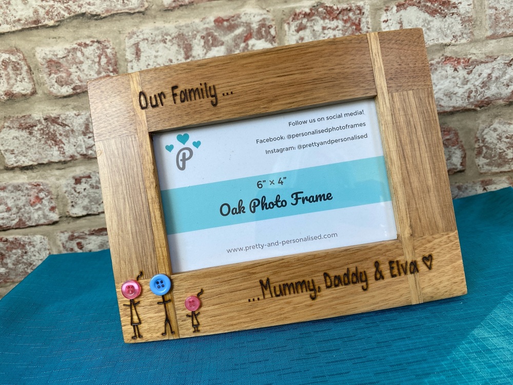Family Button Heads - Personalised Solid Oak Wood Photo Frame