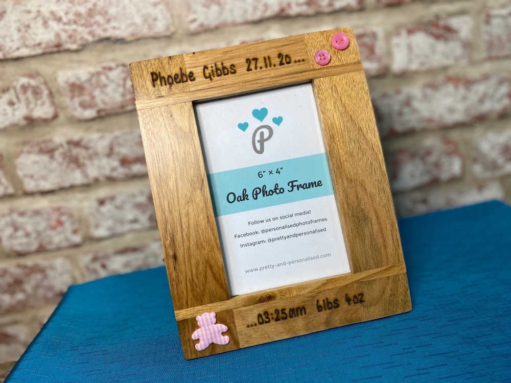 New Baby, Time and Weight - Personalised Solid Oak Wood Photo Frame