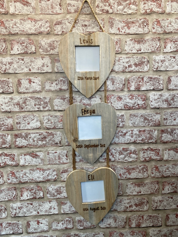 Design Your Own - Personalised Driftwood Triple Heart Photo Frame