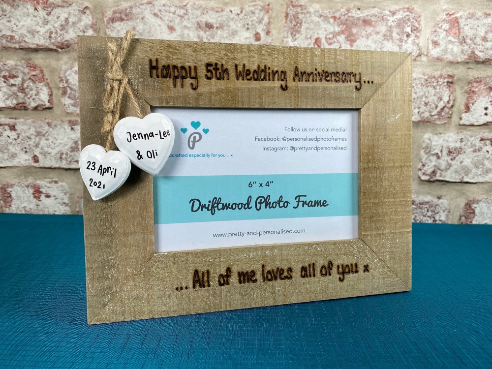 5th Wedding Anniversary | Personalised Driftwood Photo Frame