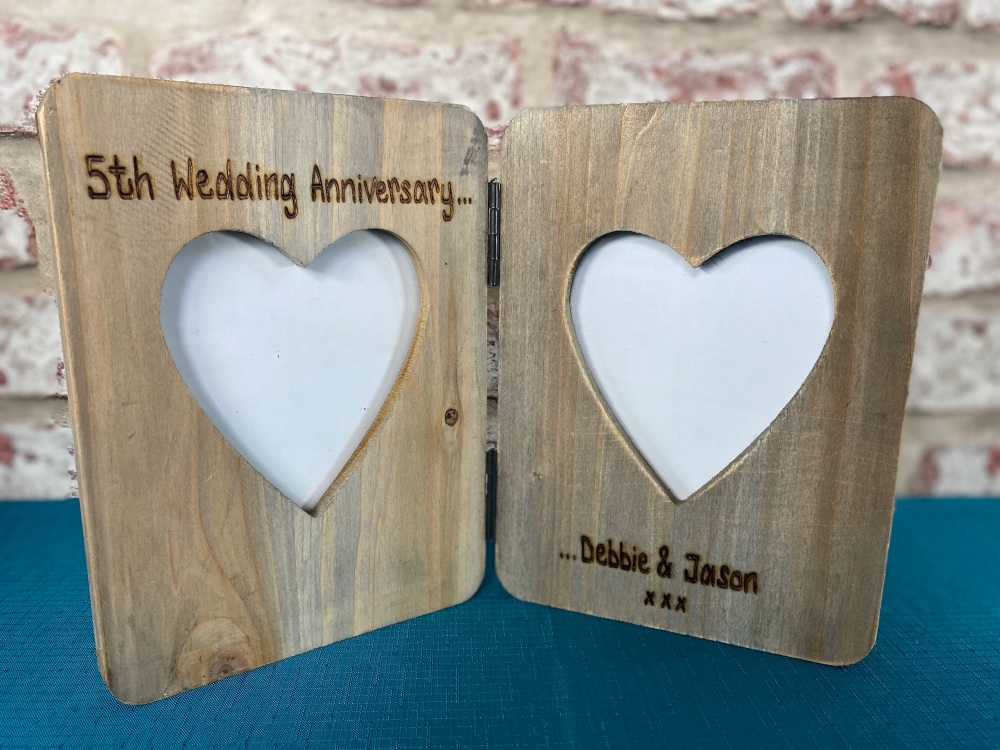 5th Wedding Anniversary Gift - Personalised Driftwood Double Heart Photo Frame