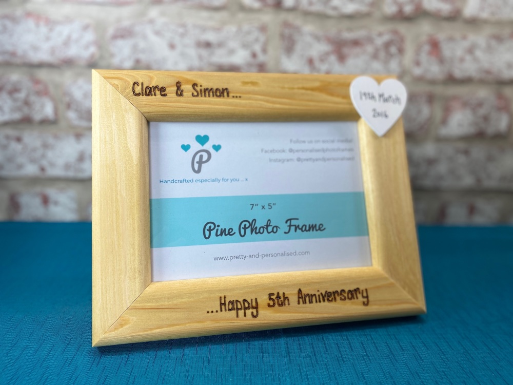 5th Wedding Anniversary - Personalised Pine Wood Photo Frame