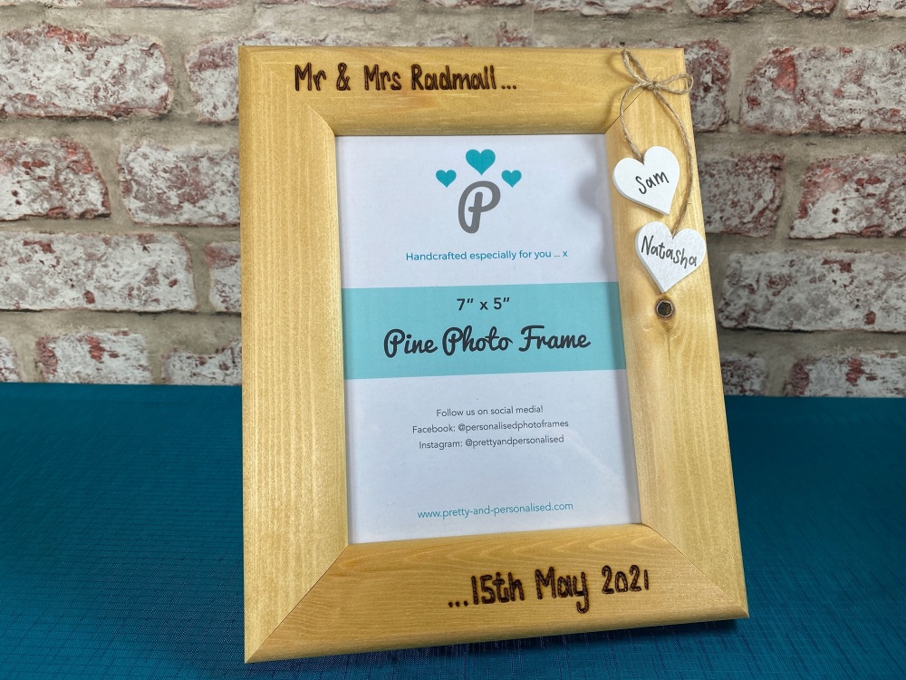 Mr & Mrs Wedding - Personalised Pine Wood Photo Frame