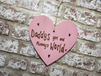 Daddy's Girl Mummy's World - Personalised Pink Chunky Wooden Hanging Heart