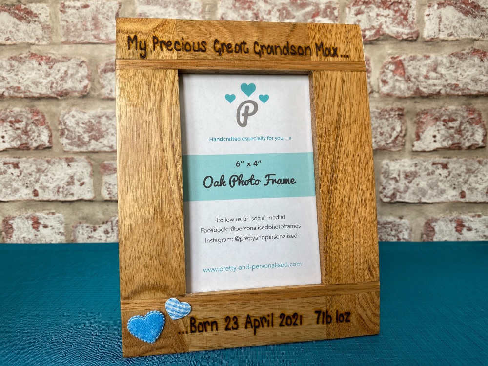 My Precious Grandson/Granddaughter, Date and Weight - Personalised Solid Oak Wood Photo Frame