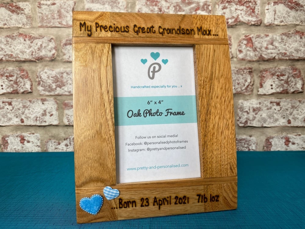 My Precious Grandson/Granddaughter, Date and Weight - Personalised Solid Oak Wood Photo Frame