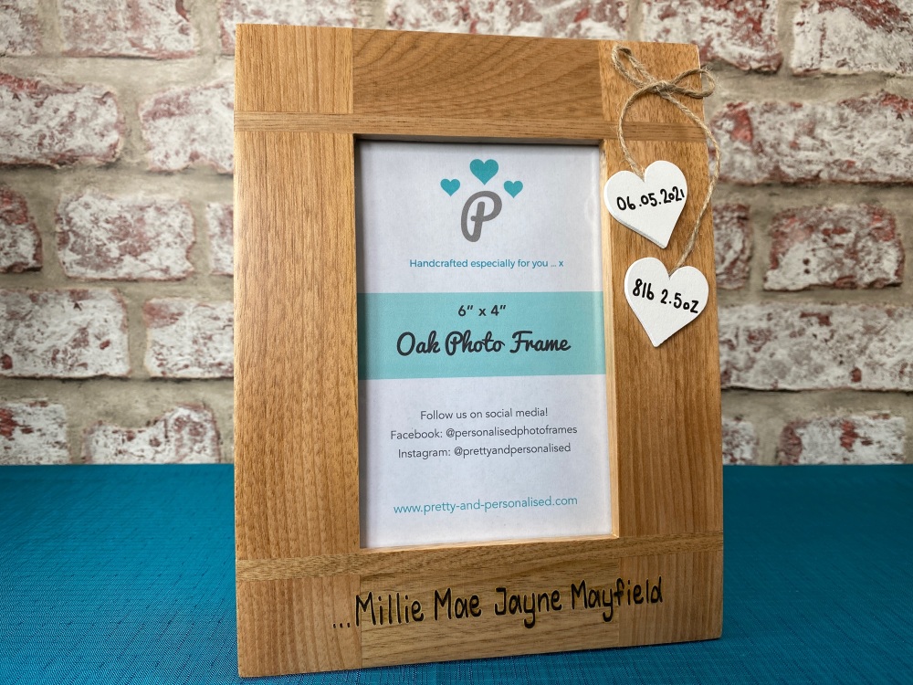 New Baby /  Weight  / Date /  Name - Personalised Solid Oak Wood Photo Frame