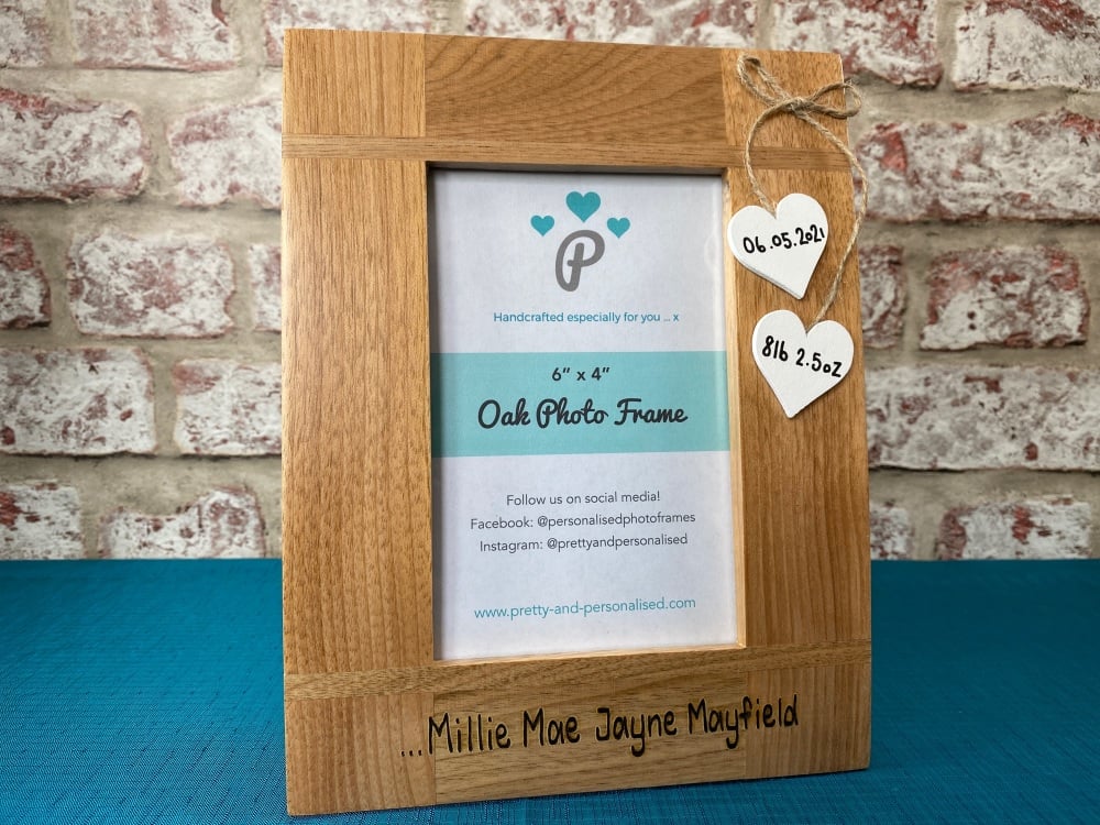 New Baby /  Weight  / Date /  Name - Personalised Solid Oak Wood Photo Fram