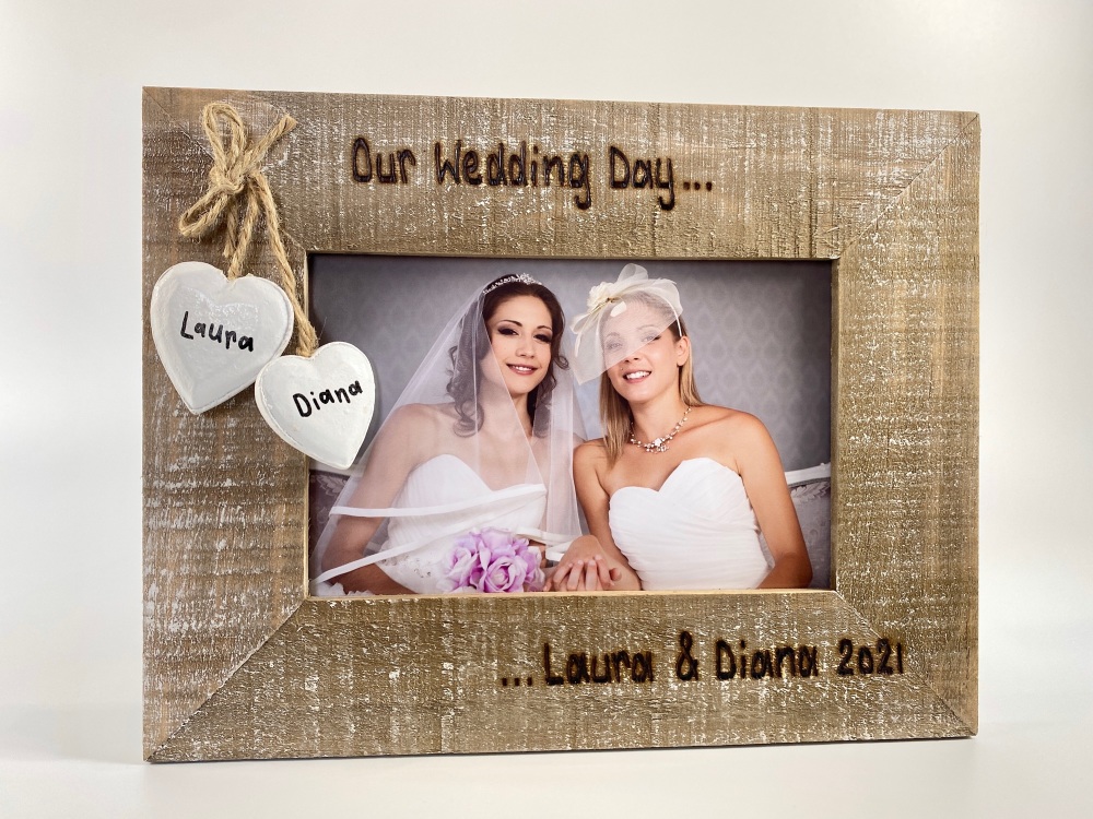 Our Wedding | Gay Lesbian Same Sex Couple Engagement - Personalised Driftwood Photo Frame