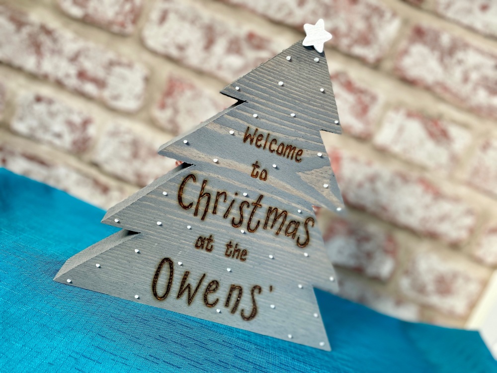 Personalised Chunky Wooden Freestanding Christmas 'Welcome To Christmas at...'  - Driftwood Grey