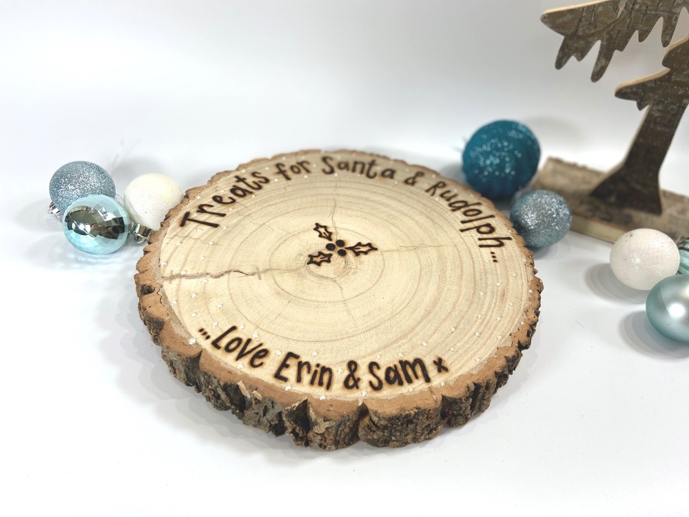 Santa And Rudolph Treat Plate Wooden Log Slice