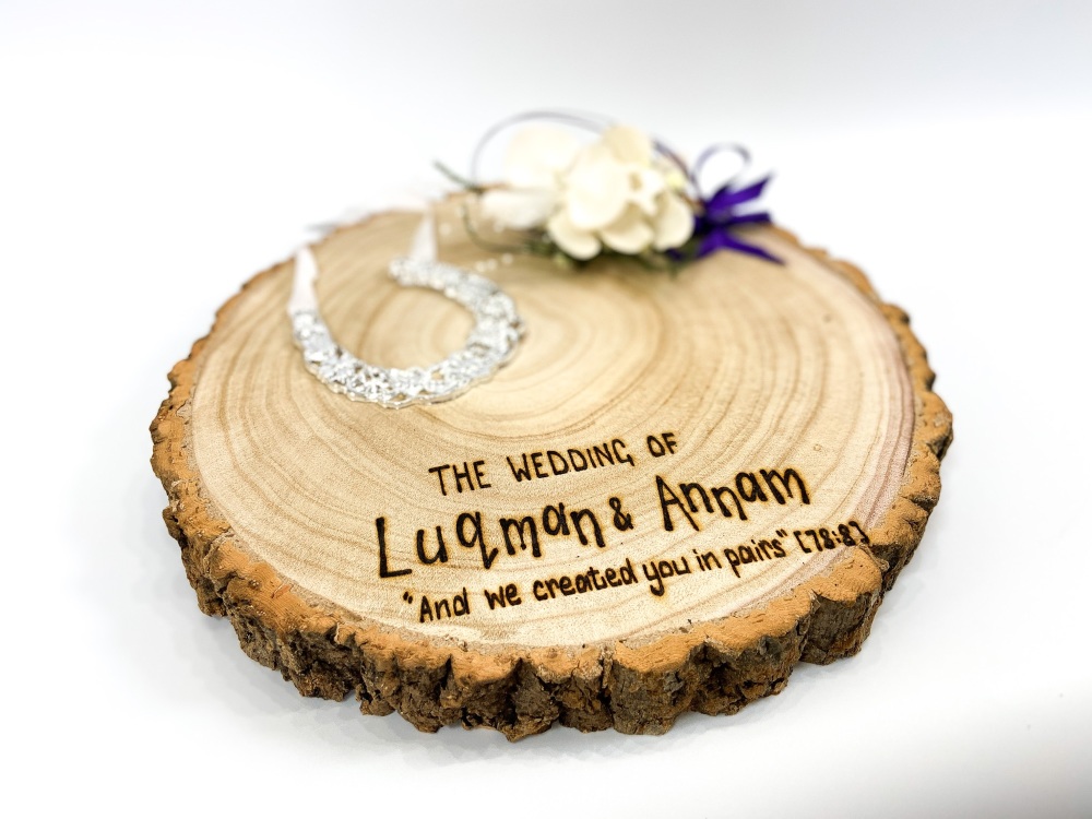 Nikkah Wedding Engagement Ring Plate | Personalised Large Rustic Wooden Log Slice