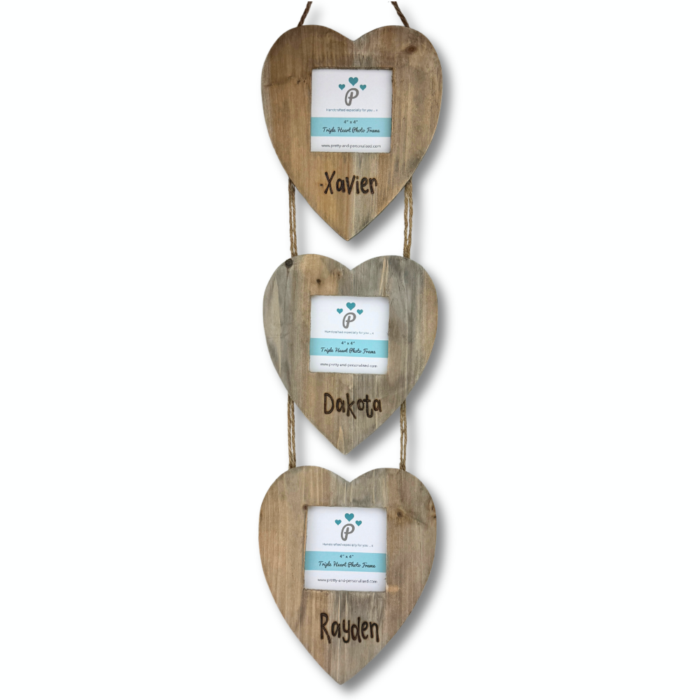 Daddy, Mummy, Baby - Family Frame - Personalised Driftwood Triple Heart Photo Frame