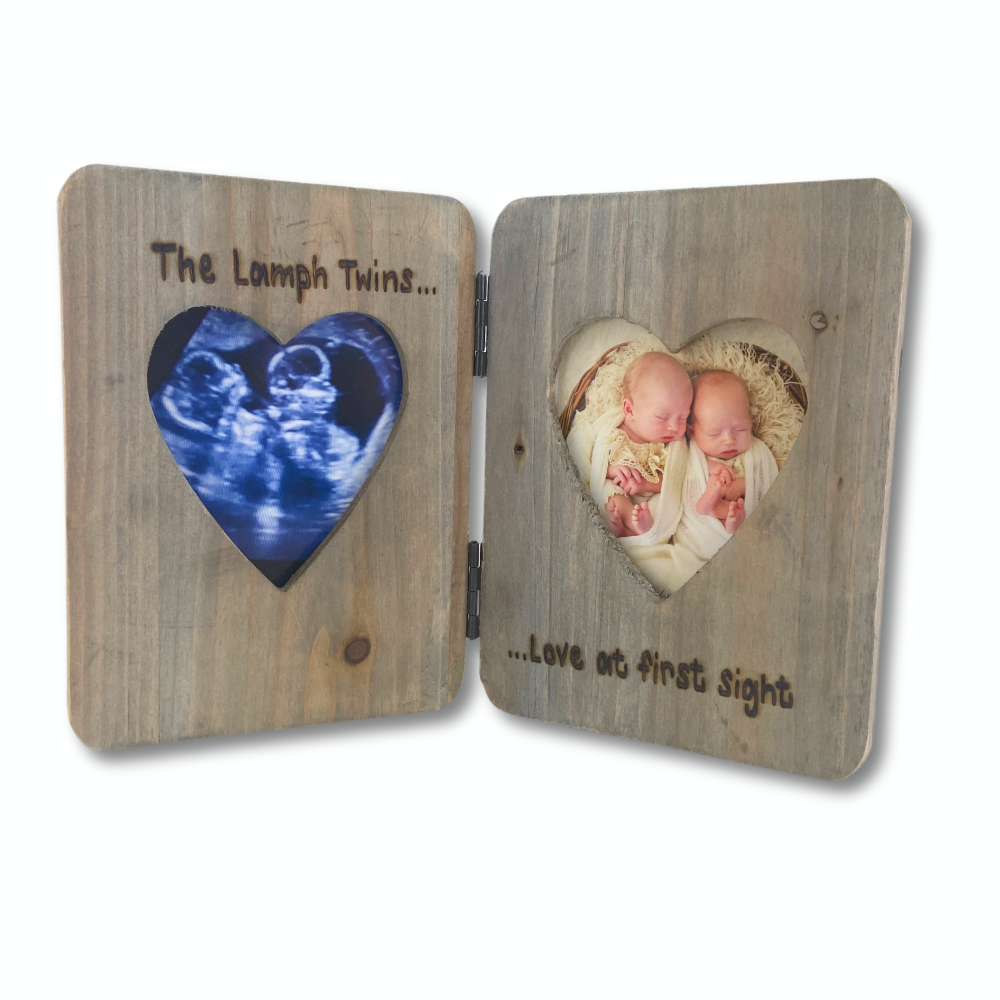 Twins | Love At First Sight | Baby Scan / 1st 2nd Sonogram  - Personalised Double Driftwood Photo Frame