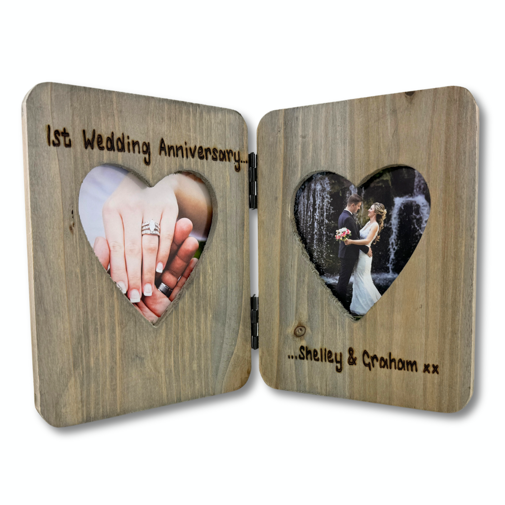 5th Wedding Anniversary Gift - Personalised Driftwood Double Heart Photo Frame