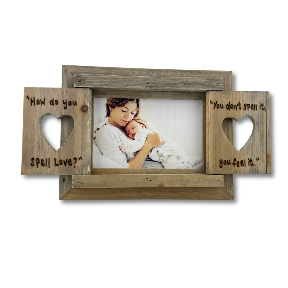 'How Do You Spell Love' Winnie the Pooh Quote  - Personalised Driftwood Heart Shutter Photo Frame