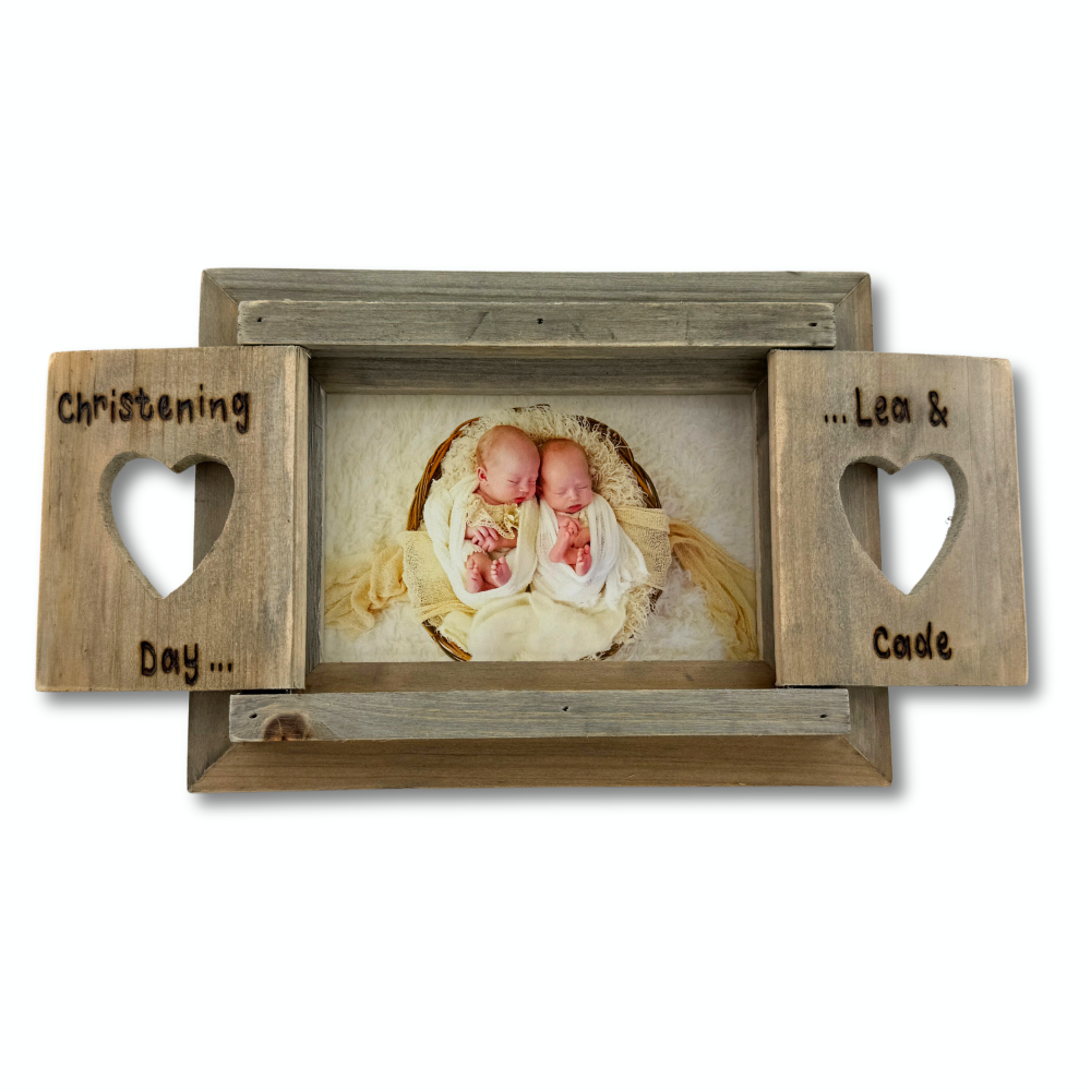 Christening Day   - Personalised Driftwood Heart Shutter Photo Frame