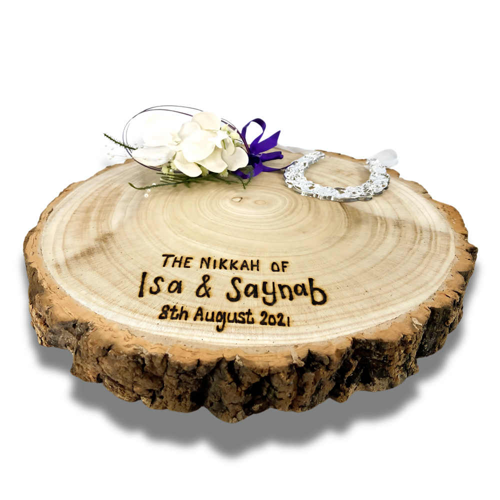 Nikkah Wedding Engagement Ring Plate | Personalised Large Rustic Wooden Log Slice