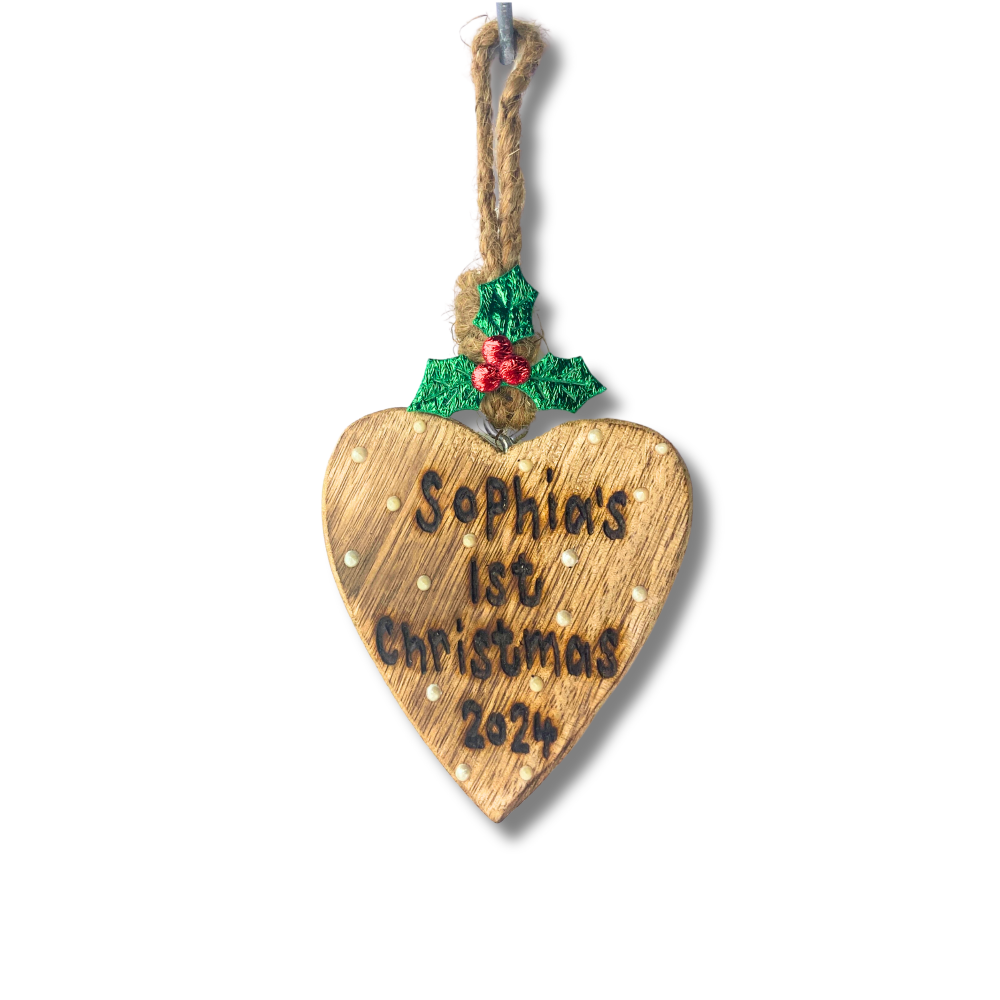 Baby's 1st Christmas Engraved Solid Wooden Heart | Personalised Xmas Decoration Hanging Bauble