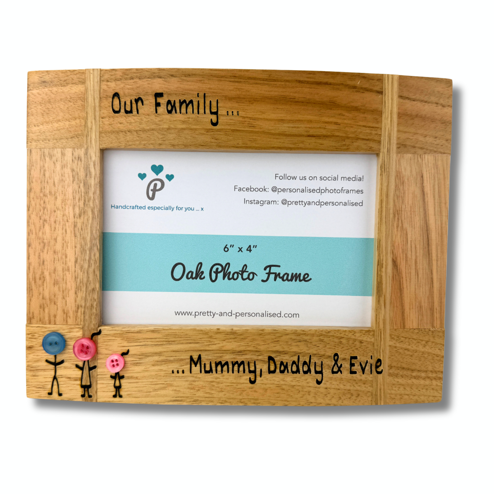 Family Button Heads - Personalised Solid Oak Wood Photo Frame