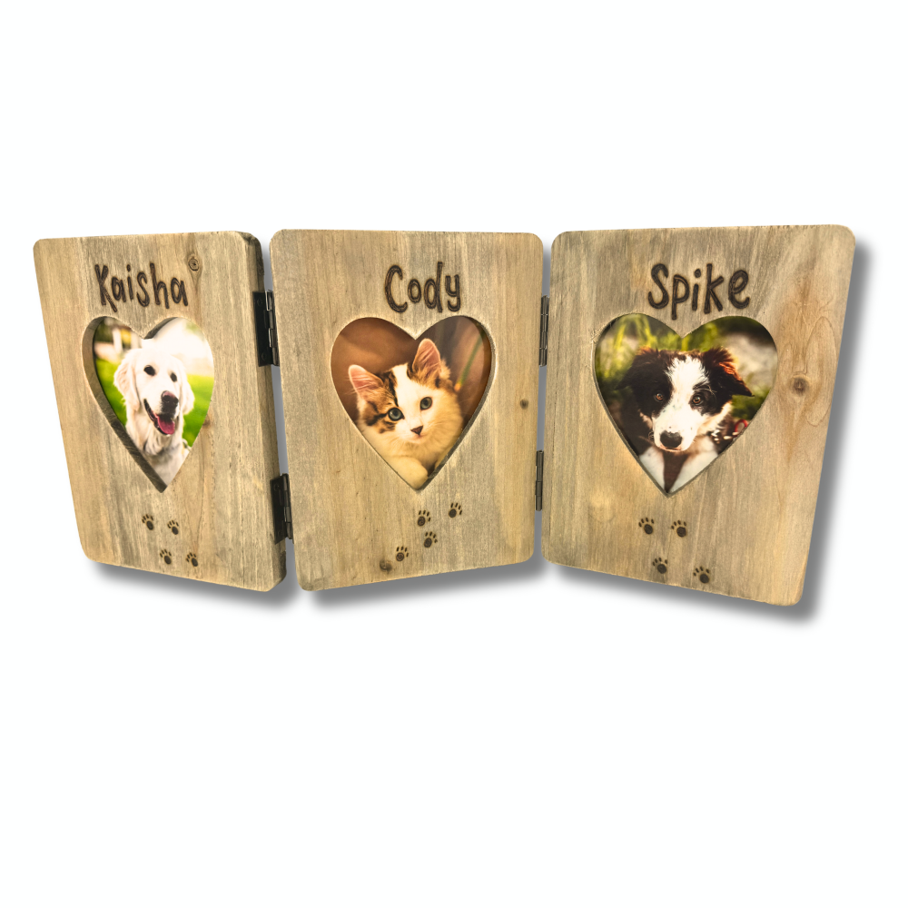 Dog / Cat Triple Freestanding Heart Driftwood Photo Frame