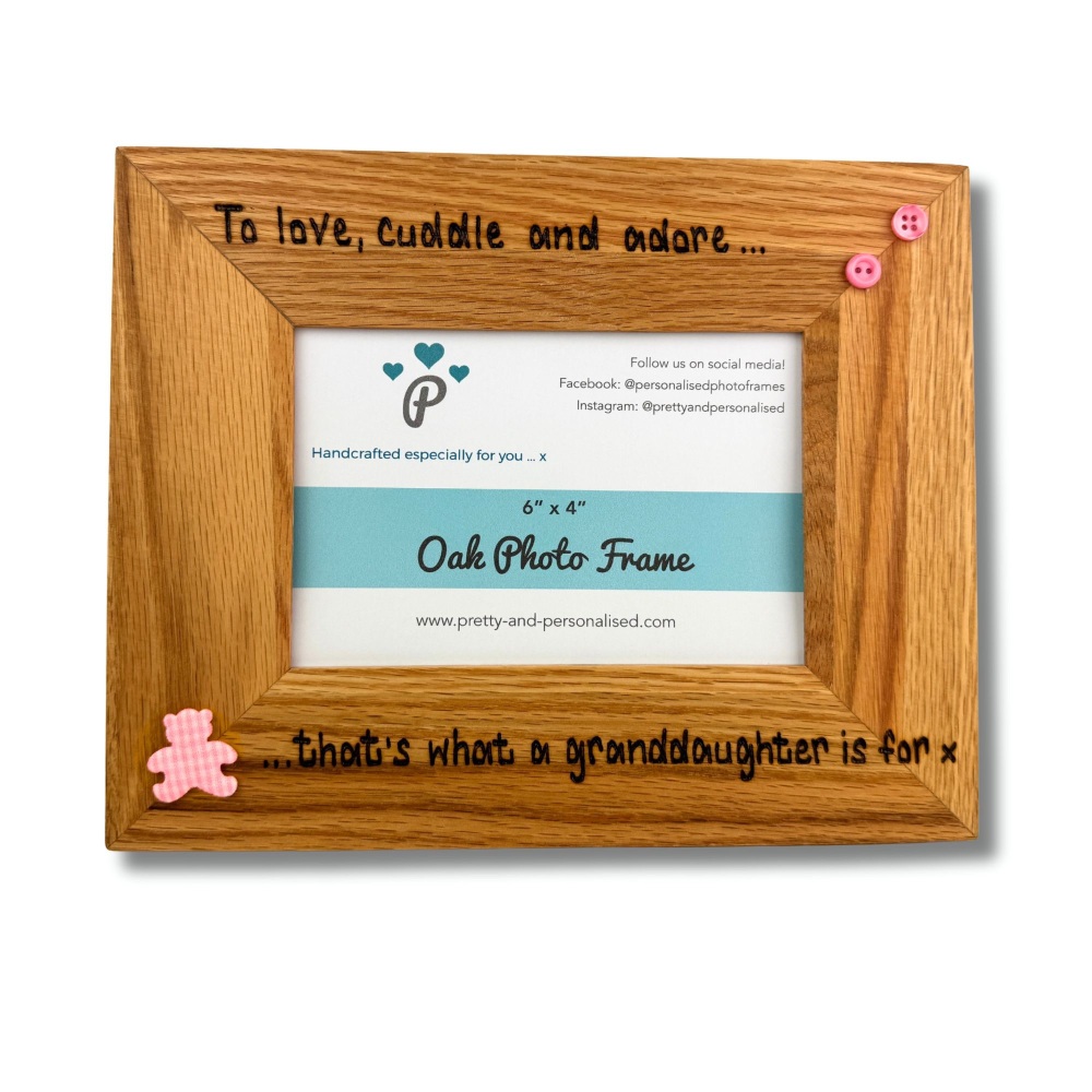 Grandchildren - Love Cuddle And Adore - Personalised Solid Oak Wood Photo Frame