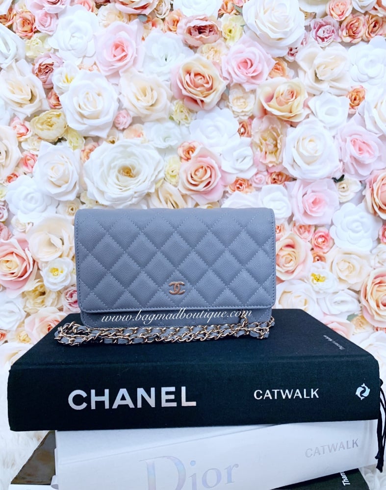 Chanel LGHW 20C Classic Quilted Grey Caviar Wallet On Chain