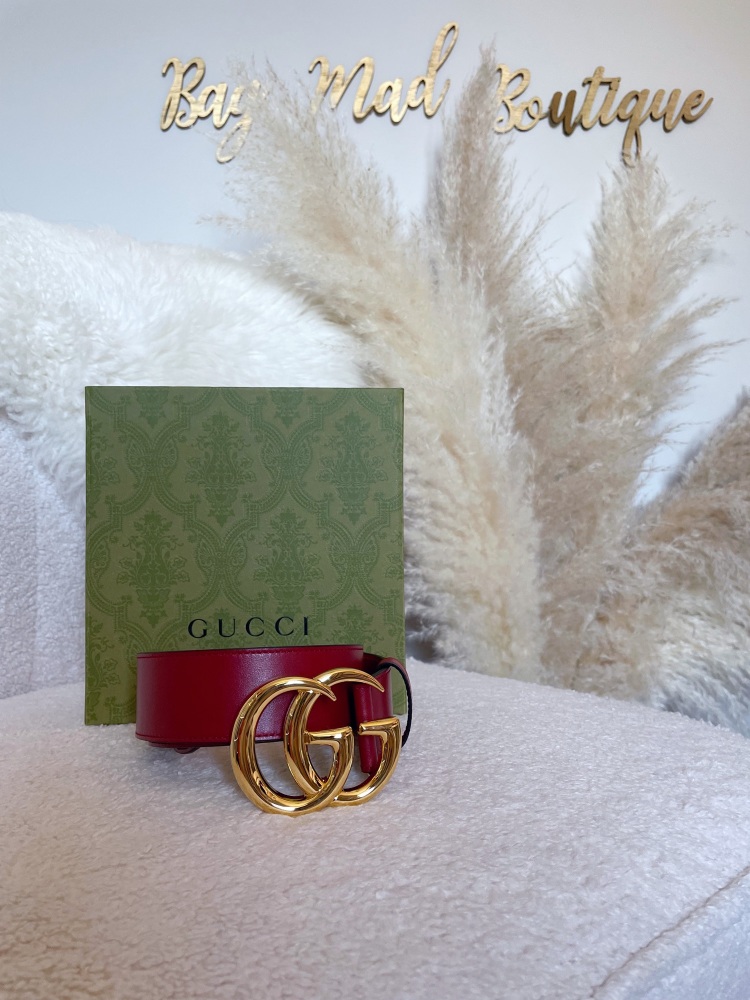 Gucci Hibicus Red Shiny Gold GG Marmont Belt Sz 80