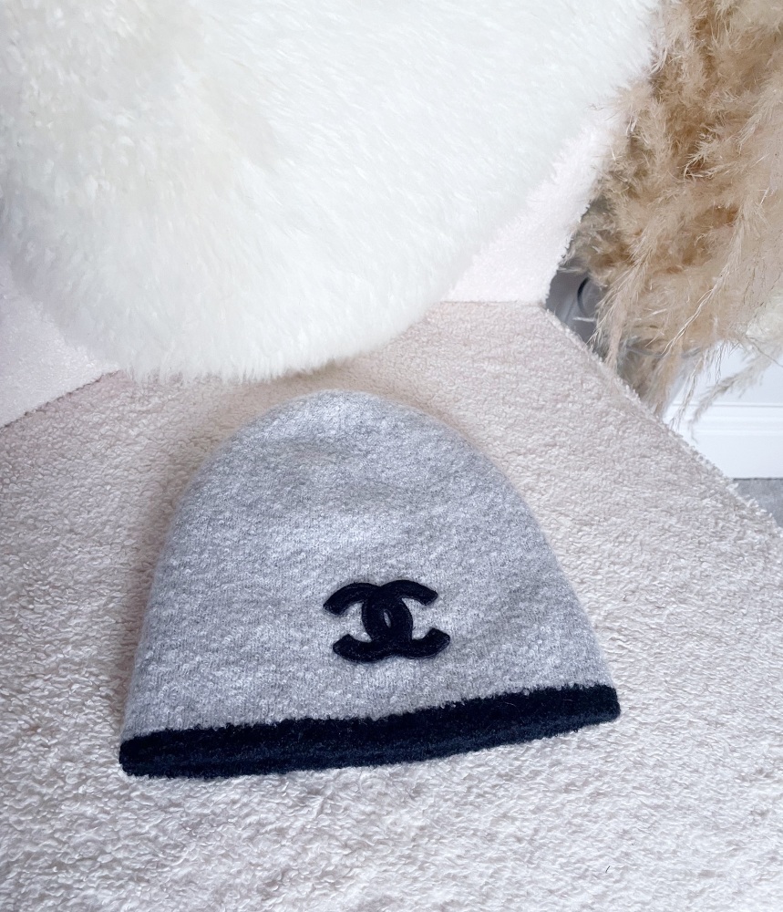 Chanel Grey and Black Logo Cashmere Hat