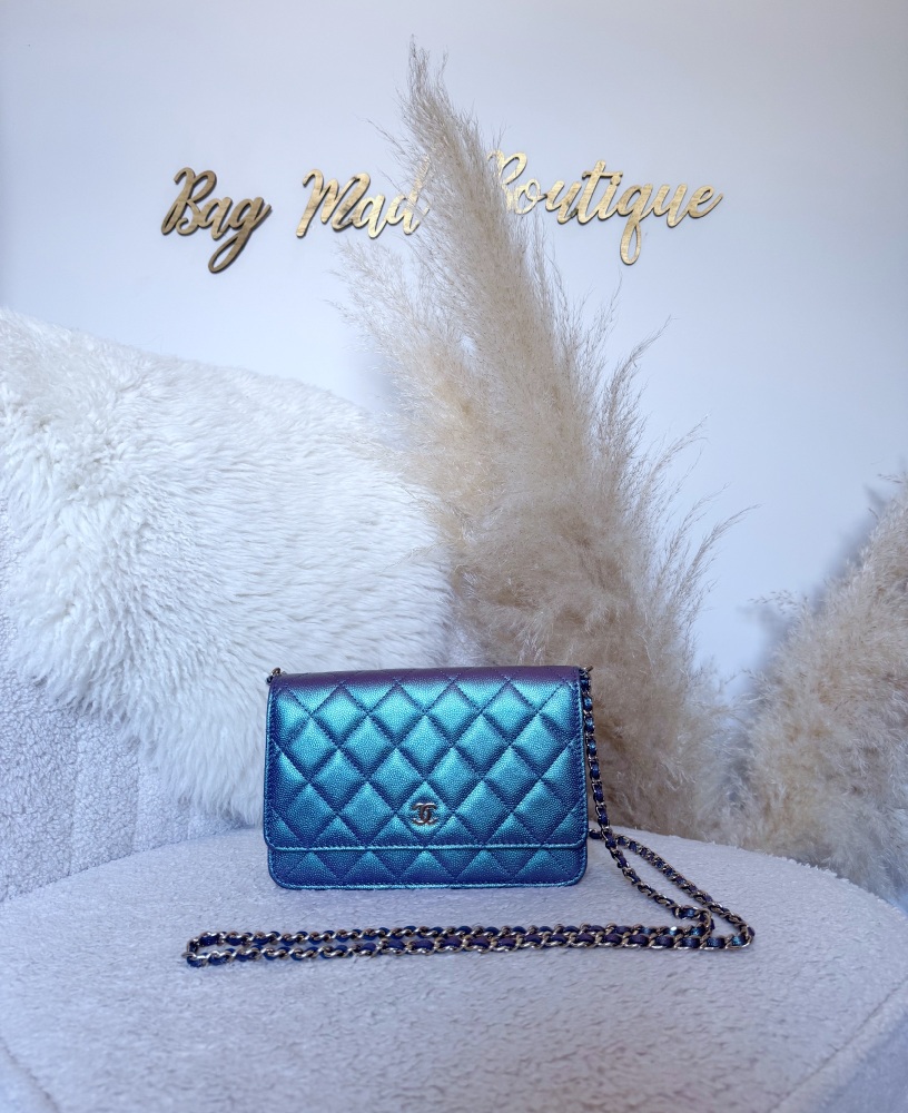 Chanel LGHW Purple/Blue Iridescent Caviar Wallet On Chain