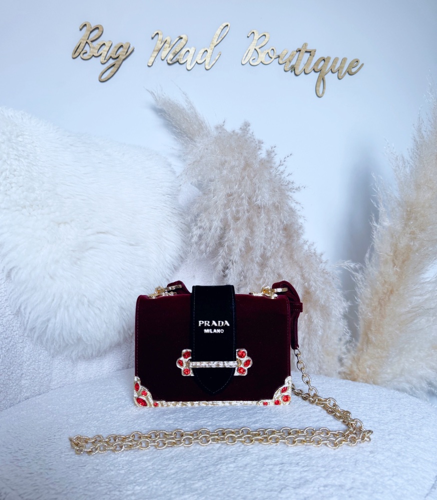 Prada Burgundy Velvet Cahier Shoulder Bag
