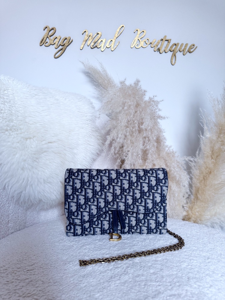 Christian Dior Blue Oblique Saddle  Wallet On Chain