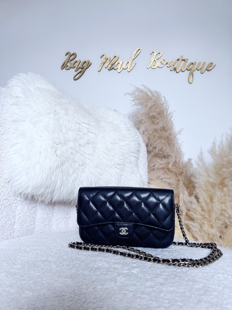 Chanel LGHW Black Caviar Flap Wallet On Chain