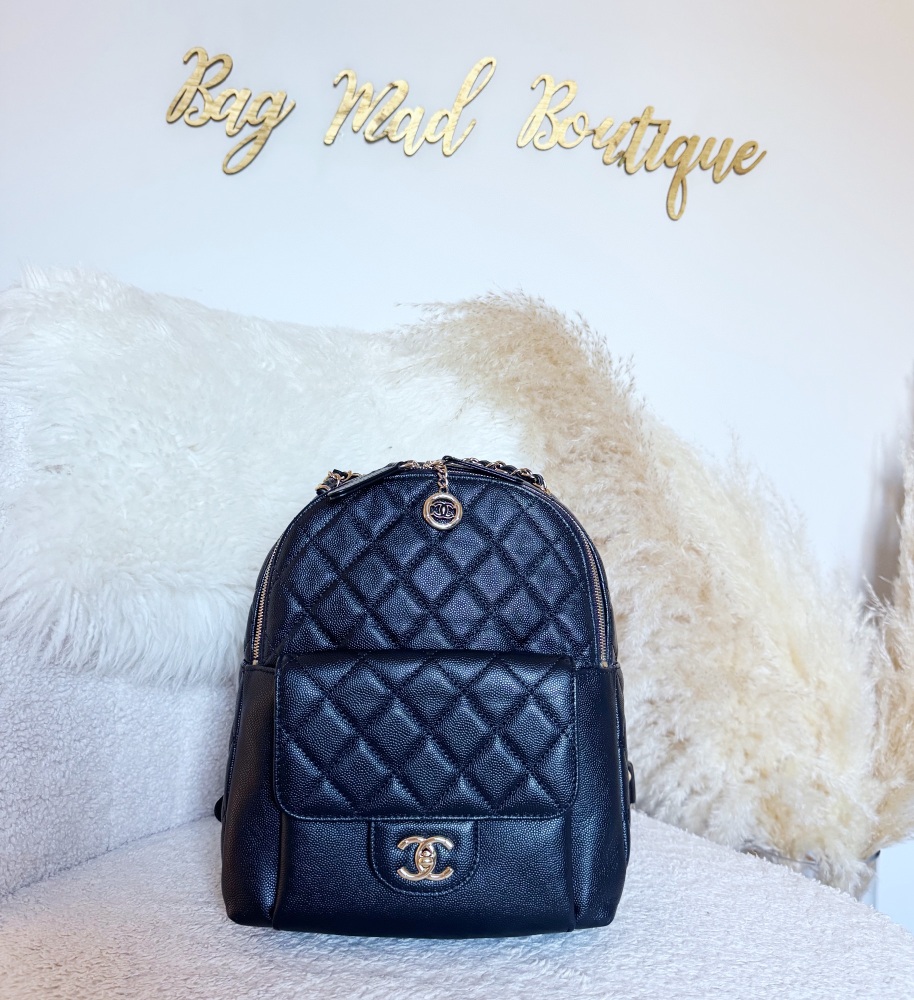 Chanel Light Gold Hardware Black Caviar Backpack