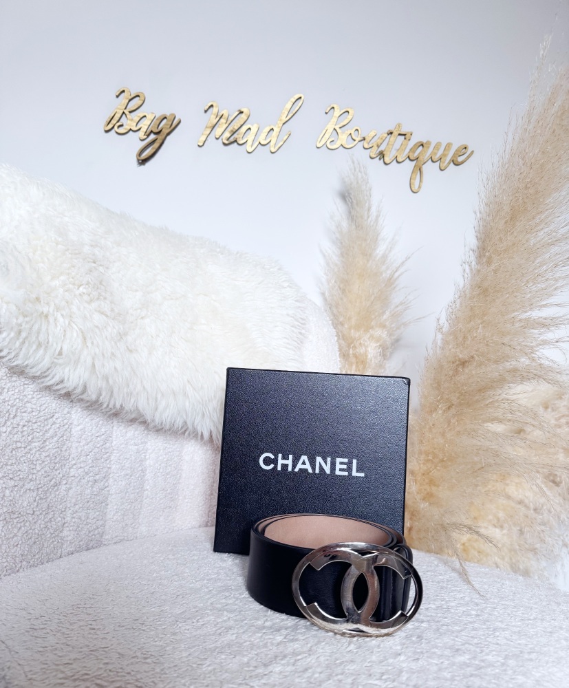 Chanel SHW Logo Black Belt Sz 90